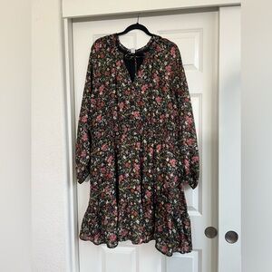 Old Navy Dark Floral Gold Metallic Mini Dress Smocked Waist